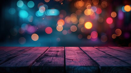 Wooden table, blurred bokeh background background. Neon light, night view, close-up. The general background of the interior, a dark background - Powered by Adobe