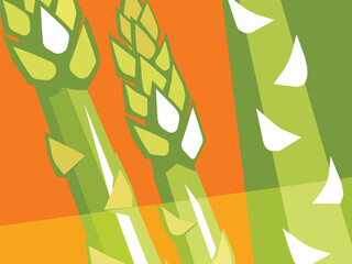 Abstract vegetable design in flat cut out style. Close up of asparagus spears or stalks on orange background.  Vector illustration. - 707533813