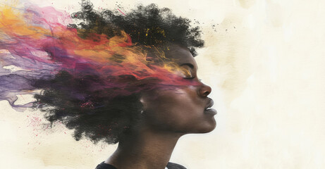 A promotional image shows a woman with vibrant, wind-tossed hair that seems to melt into colors.