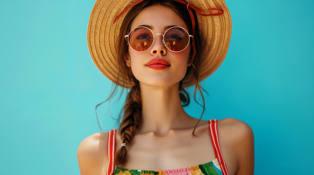 a cute tall woman posing in front of a colorful wall with bright red lipstick and a straw hat, round sunglasses, hipster girl