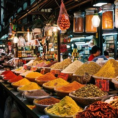 Obraz premium A bustling asian spice market with aromatic stalls Exotic spices And local vendors Showcasing culinary traditions Vibrant commerce And sensory experiences