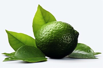 A lime, adorned with leaves, is presented on a white background.