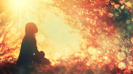 Obraz premium A Bokeh Image of a Woman Sitting Outdoors Cross-Legged During a Sunset With Copy Space