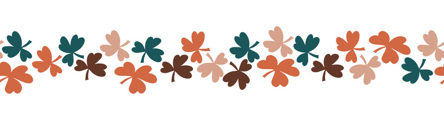 A decorative border of clover leaves is highlighted on a brown background. A pattern of leaves. Vector illustration. For nature, eco and design. Hand-drawn plants, a frame for a postcard.