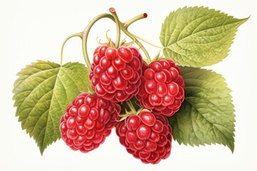 A painting features a cluster of raspberries on a branch.
