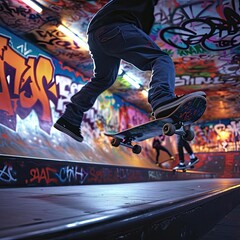 A dynamic urban skate park with skateboarders performing tricks A graffiti backdrop And a youthful...