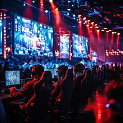 A high-tech esports arena with gamers competing in a virtual tournament Featuring large screens Neon lights And an excited audience Representing the world of competitive gaming and technology