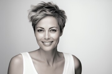 Portrait of a beautiful young woman with short hair. Gray background.
