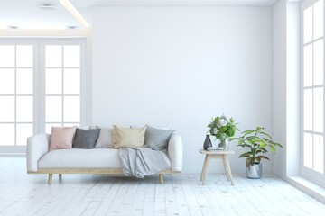 Modern minimalist interior with sofa on empty white color wall background. Interior mockup. Scandinavian interior design. 3D illustration