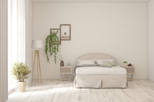 Fototapeta White bedroom concept. Scandinavian interior design. 3D illustration