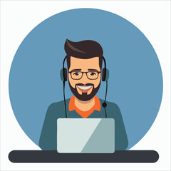 Man on laptop with glass and headphone vector illustration