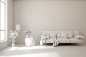 White living room with sofa. Scandinavian interior design. 3D illustration
