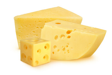 Pieces of cheeses on an isolated white background.