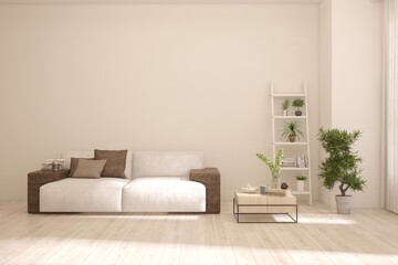 White living room with sofa. Scandinavian interior design. 3D illustration