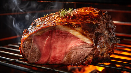 Juicy barbeque prime rib beef in a smoker, close up - obrazy, fototapety, plakaty