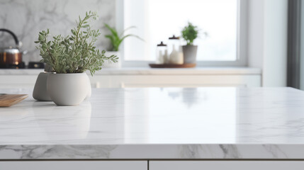 Close up of a marble table top in a white modern kitchen with built in cabinets and a counter.  - obrazy, fototapety, plakaty