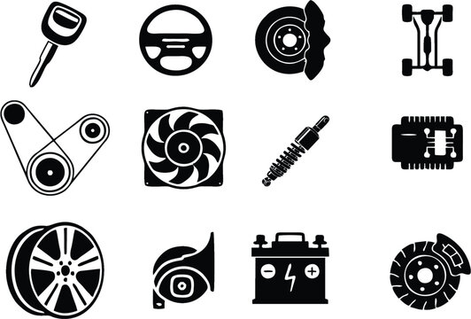 Motor car key, steering, circuit, gear engine parts. Mechanical Parts Icons. Editable vector, Easy to reuse for packing and marketing of car industry parts production with related printing. eps 10.