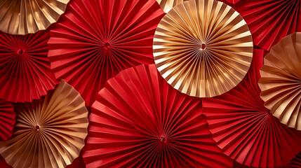 Red and gold paper fan Chinese decoration background for 2024 - obrazy, fototapety, plakaty