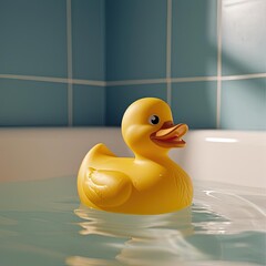 Bright yellow rubber duck floating in a bathtub
