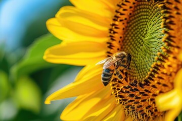 Busy bee buzzing around a blooming sunflower