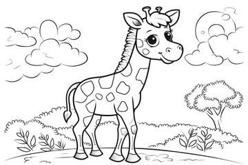 Giraffe standing in a scenic outdoor setting, fluffy clouds, Coloring book page for adults and kids
