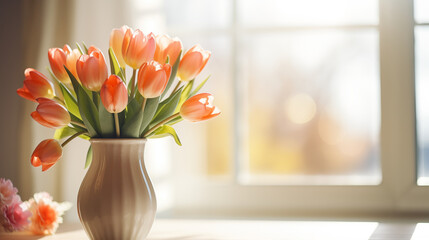 Bouquet of tulips in a vase on a background of a window with sunlight with copy space as a greeting card concept for Women's Day