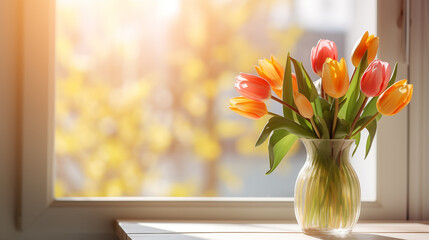 Bouquet of tulips in a vase on a background of a window with sunlight with copy space as a greeting card concept for Women's Day