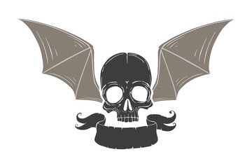 Monochrome Skull with Bat Wings. Vector illustration, tattoo sketch, emblem