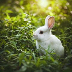 Fluffy white rabbit in a lush green field