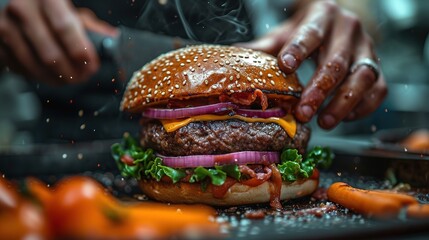 the chef prepares a burger, a hamburger. on a background with ingredients. - obrazy, fototapety, plakaty