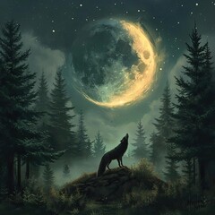 Lone wolf howling at a crescent moon in a forest clearing