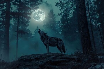 Lone wolf howling under a full moon in a wild forest