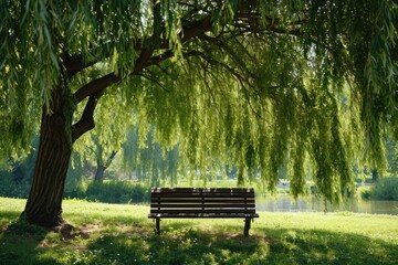 Lone bench under a weeping willow Offering a peaceful retreat