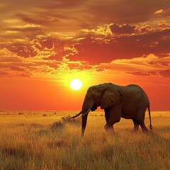 Lone majestic elephant wandering in the savannah at sunset