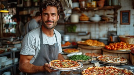 Food concept. Preparing traditional italian pizza. Young smiling chef in uniform