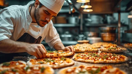 Tuinposter Food concept. Preparing traditional italian pizza. Young smiling chef in uniform © Vasiliy