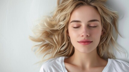 sleeping blonde, eyes gently closed, conveying the peaceful ambiance of a restful moment. Copy space. Sleeptober