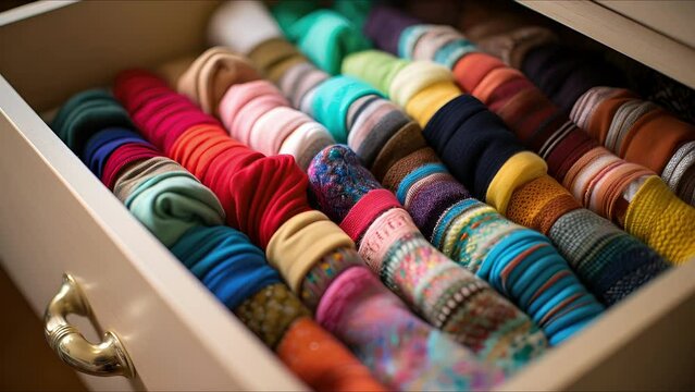 Macro shot of a drawer filled with colorful statement socks and tights.