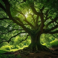 Majestic oak tree standing strong in a verdant forest