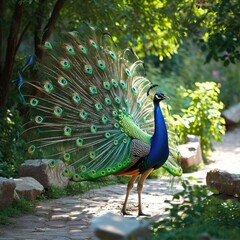 Obraz premium Majestic peacock with tail feathers fanned in a garden