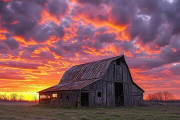 Rustic old barn set against a dramatic sunset