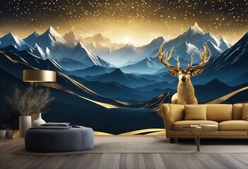 3d modern art mural wallpaper with dark blue and golden wave background mountains golden deer