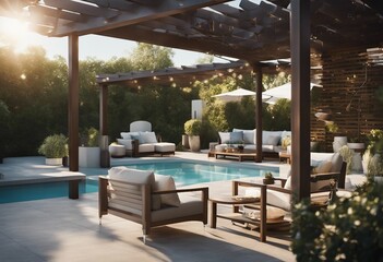 Backyard living space with outdoor furniture next to pool under a pergola AI assisted finalized - Powered by Adobe