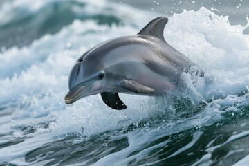 Playful dolphin leaping out of ocean waves