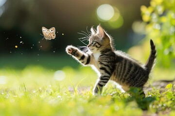 Playful kitten chasing a fluttering butterfly in a garden