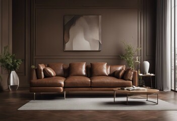 Elegant interior design of modern living room with brown leather sofa
