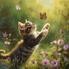Playful kitten chasing a fluttering butterfly in a garden - obrazy, fototapety, plakaty