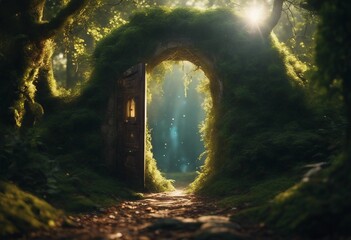 Fantasy enchanted fairy tale forest with magical opening secret door and mystical shine light outsid - obrazy, fototapety, plakaty