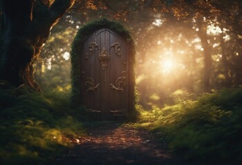 Fantasy enchanted fairy tale forest with magical opening secret door and mystical shine light outsid