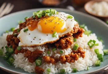 Korean fried chicken over rice topped with egg sesame seeds and green onion